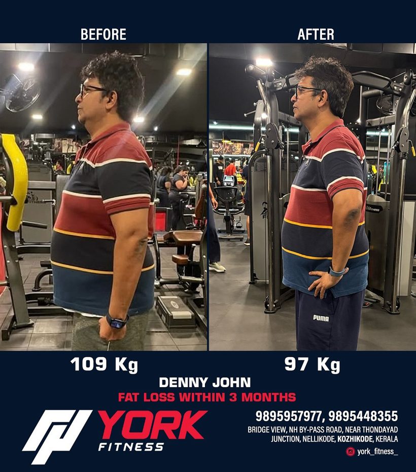 York Fitness transformation — Denny John, 109 kg to 97 kg fat loss in 3 months