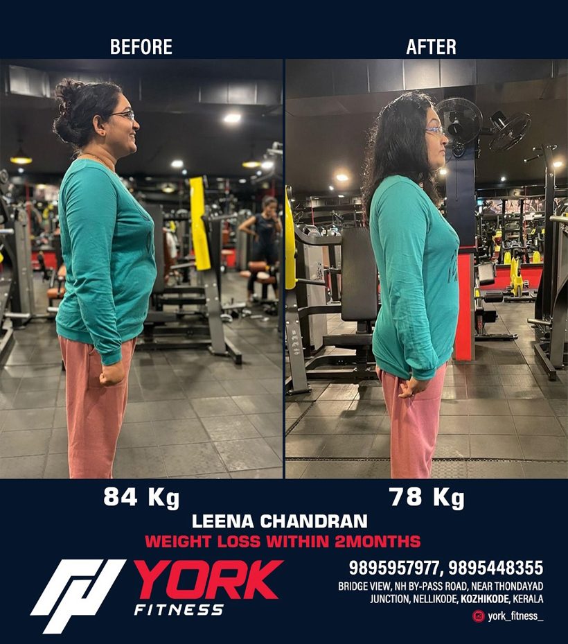 York Fitness transformation — Leena Chandran, 84 kg to 78 kg in 2 months